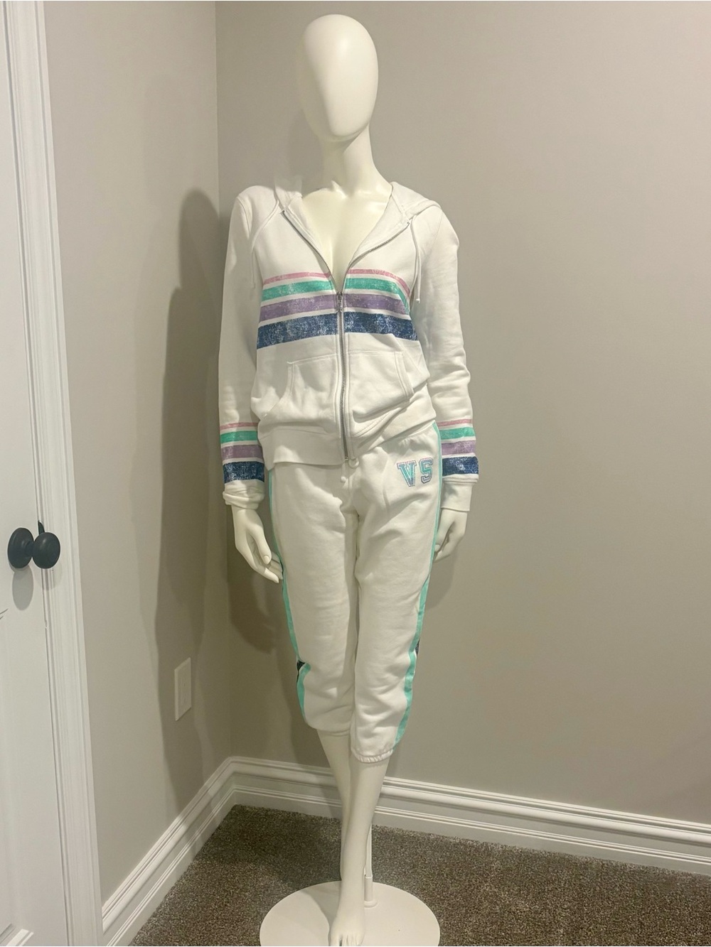 Victoria's Secret White Zip Up Hoodie and Cropped Sweatpants Set